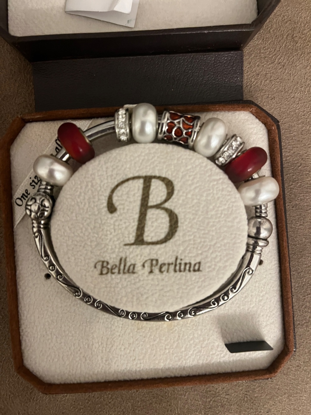 Bella Perlina Silver Bracelet with Red Beads, White Pearls & Sparkling Accents